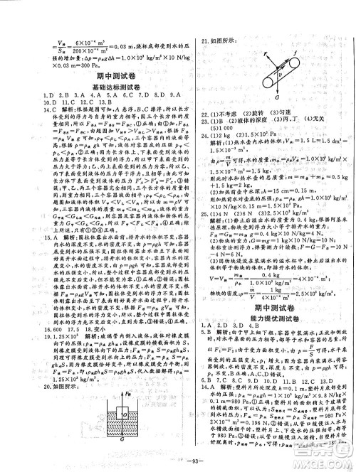 山东文艺出版社2021初中单元提优测试卷八年级物理下册鲁教版五四学制答案
