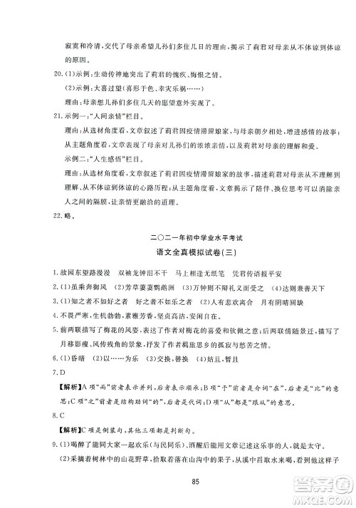 山东友谊出版社2021决胜中考中考总复习全真模拟试卷九年级语文下册答案