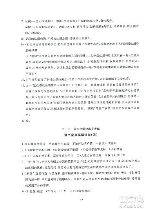 山东友谊出版社2021决胜中考中考总复习全真模拟试卷九年级语文下册答案