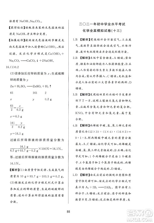 山东友谊出版社2021决胜中考中考总复习全真模拟试卷九年级化学下册答案