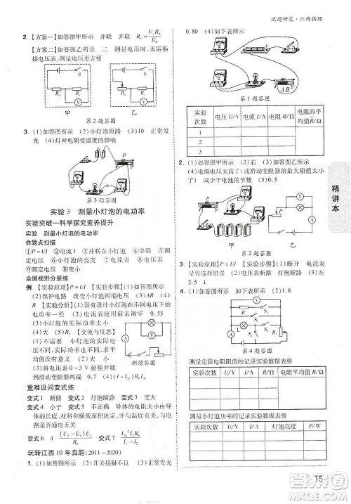 新疆青少年出版社2021万唯中考试题研究物理江西专版参考答案