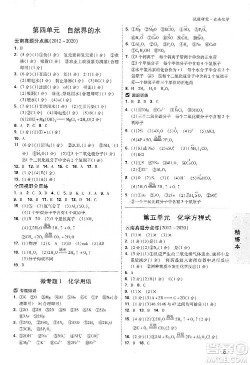 新疆青少年出版社2021万唯中考试题研究化学云南专版通用版参考答案