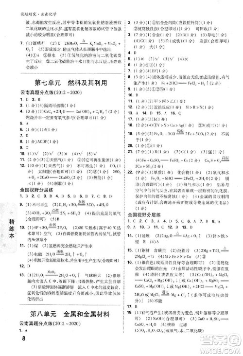 新疆青少年出版社2021万唯中考试题研究化学云南专版通用版参考答案