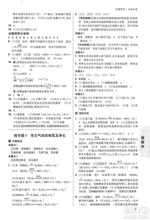 新疆青少年出版社2021万唯中考试题研究化学云南专版通用版参考答案