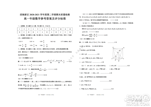 天津市滨海新区2020-2021学年第二学期期末质量检测高一数学试题及答案