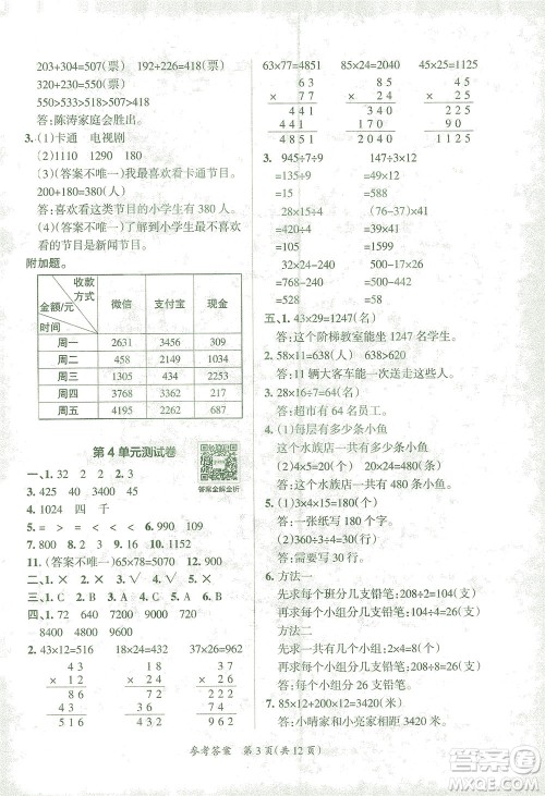 陕西师范大学出版总社有限公司2021小学学霸单元期末标准卷数学三年级下RJ人教版答案