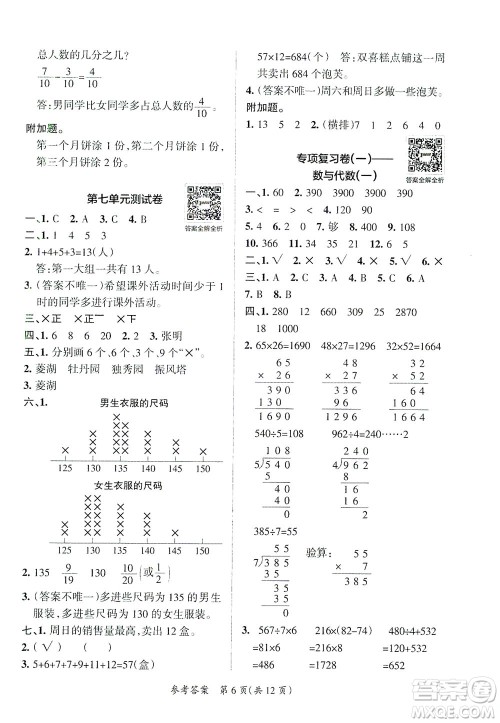 陕西师范大学出版总社有限公司2021小学学霸单元期末标准卷数学三年级下BS北师版答案