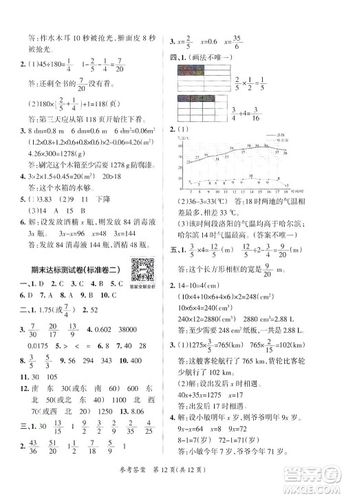 陕西师范大学出版总社有限公司2021小学学霸单元期末标准卷数学五年级下BS北师版答案