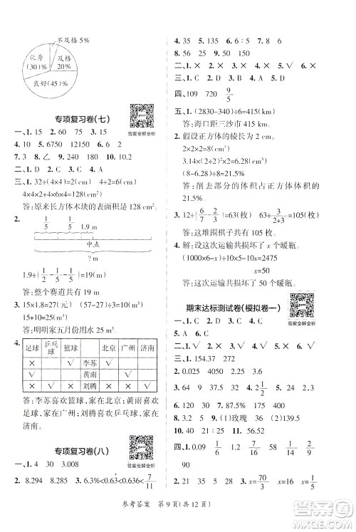 陕西师范大学出版总社有限公司2021小学学霸单元期末标准卷数学六年级下BS北师版答案