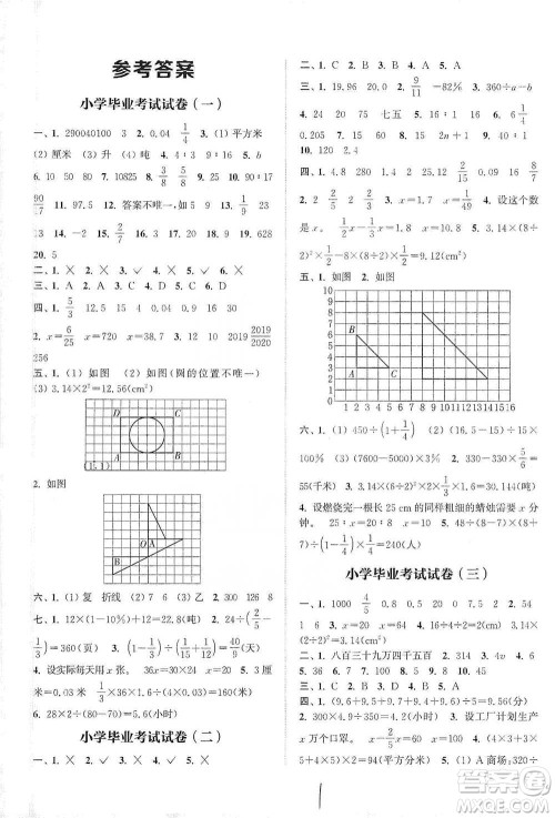 福建少年儿童出版社2021小学毕业考试试卷精编数学通用版参考答案