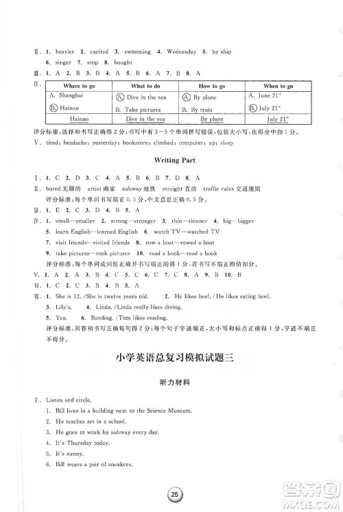 浙江教育出版社2021小学毕业总复习英语参考答案