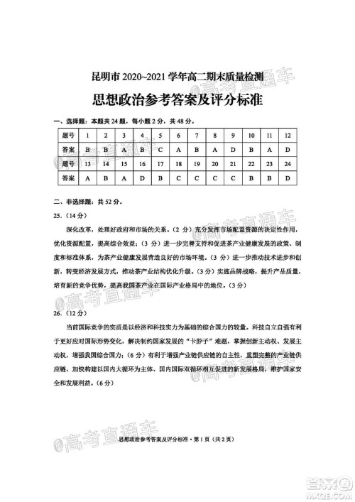 昆明市2020-2021学年高二期末质量检测思想政治试题及答案