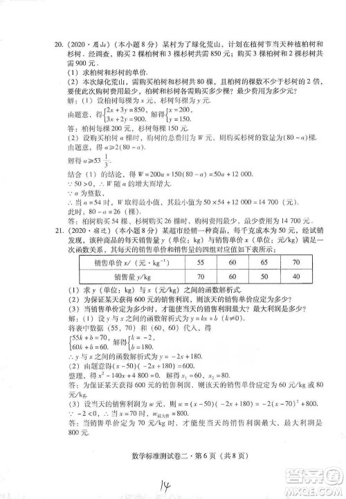 云南教育出版社2021优佳学案云南省初中学业水平考试标准测试卷数学参考答案