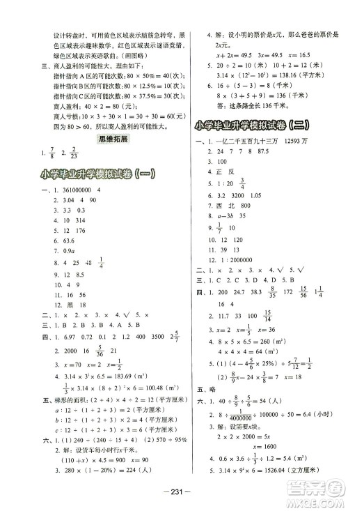 云南美术出版社2021小学毕业升学系统总复习数学答案