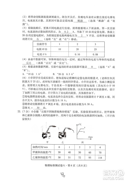 云南教育出版社2021优佳学案云南省初中学业水平考试标准测试卷物理参考答案