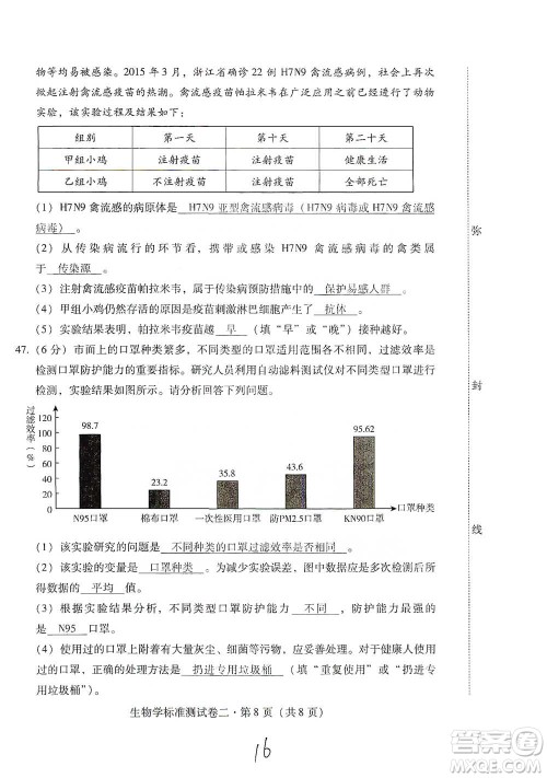 云南教育出版社2021优佳学案云南省初中学业水平考试标准测试卷生物学参考答案