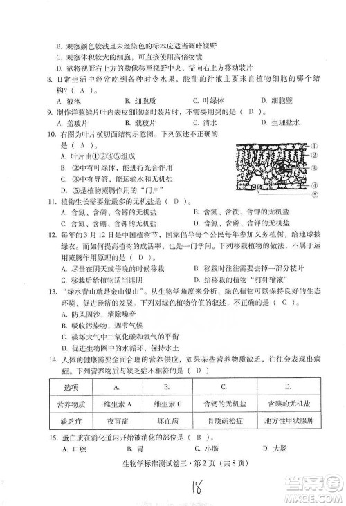 云南教育出版社2021优佳学案云南省初中学业水平考试标准测试卷生物学参考答案 云南教育出版社2021优佳学案云南省初中学业水平考试标准测试卷生物学参考答案