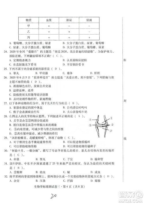 云南教育出版社2021优佳学案云南省初中学业水平考试标准测试卷生物学参考答案 云南教育出版社2021优佳学案云南省初中学业水平考试标准测试卷生物学参考答案