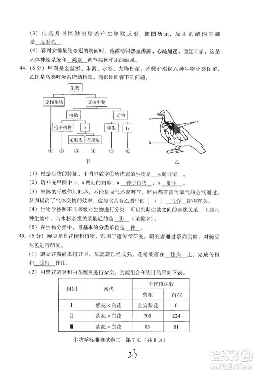 云南教育出版社2021优佳学案云南省初中学业水平考试标准测试卷生物学参考答案 云南教育出版社2021优佳学案云南省初中学业水平考试标准测试卷生物学参考答案