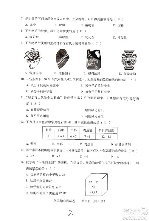 云南教育出版社2021优佳学案云南省初中学业水平考试标准测试卷化学参考答案 云南教育出版社2021优佳学案云南省初中学业水平考试标准测试卷化学参考答案