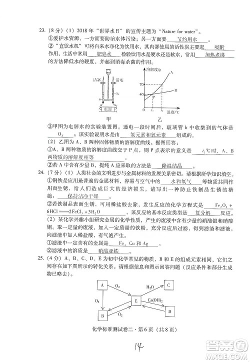 云南教育出版社2021优佳学案云南省初中学业水平考试标准测试卷化学参考答案 云南教育出版社2021优佳学案云南省初中学业水平考试标准测试卷化学参考答案