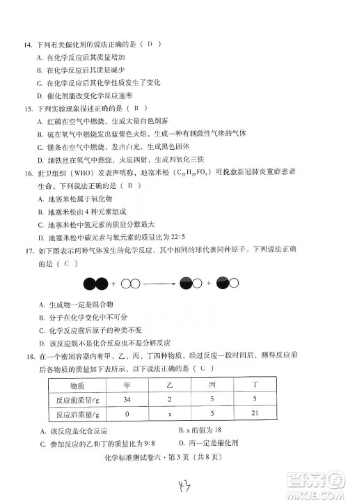 云南教育出版社2021优佳学案云南省初中学业水平考试标准测试卷化学参考答案 云南教育出版社2021优佳学案云南省初中学业水平考试标准测试卷化学参考答案