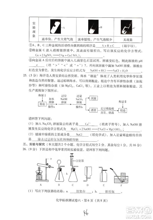 云南教育出版社2021优佳学案云南省初中学业水平考试标准测试卷化学参考答案 云南教育出版社2021优佳学案云南省初中学业水平考试标准测试卷化学参考答案