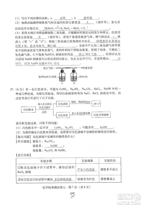 云南教育出版社2021优佳学案云南省初中学业水平考试标准测试卷化学参考答案 云南教育出版社2021优佳学案云南省初中学业水平考试标准测试卷化学参考答案