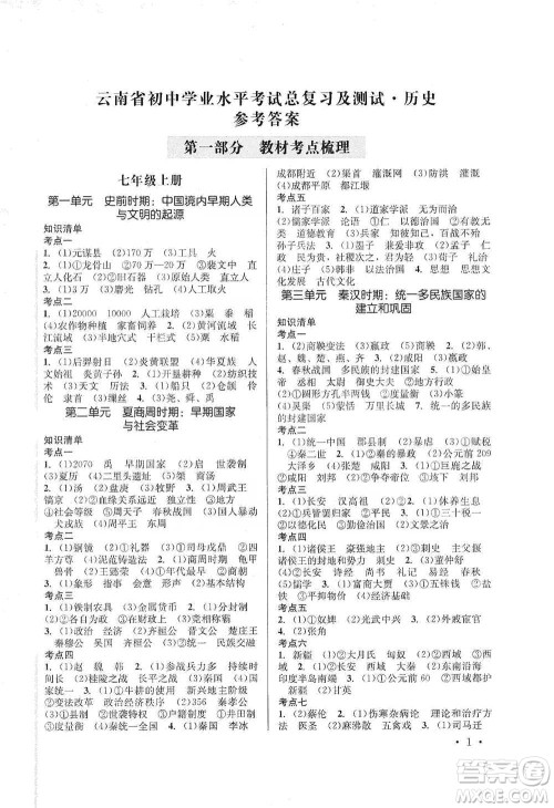云南大学出版社2021金考点云南省初中学业水平考试总复习及测试历史参考答案