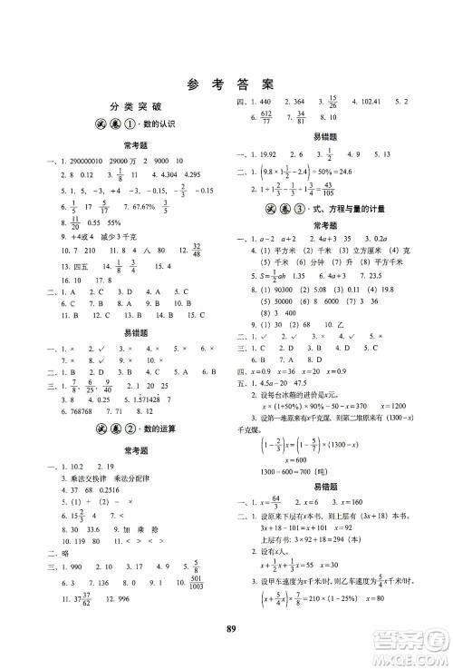 长春出版社2021小学毕业升学考前突破数学答案