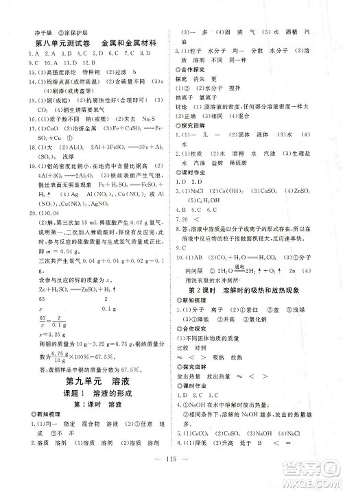 湖北科学技术出版社2021年351高效课堂导学案化学九年级下人教版答案