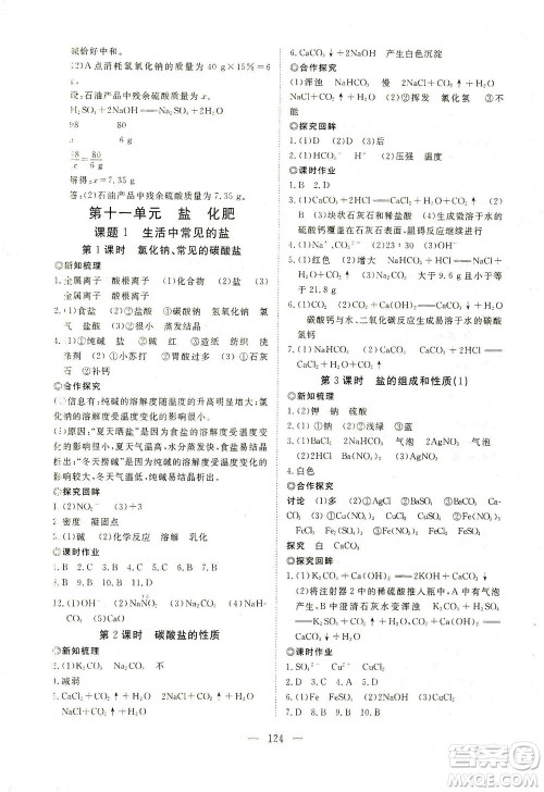 湖北科学技术出版社2021年351高效课堂导学案化学九年级下人教版答案