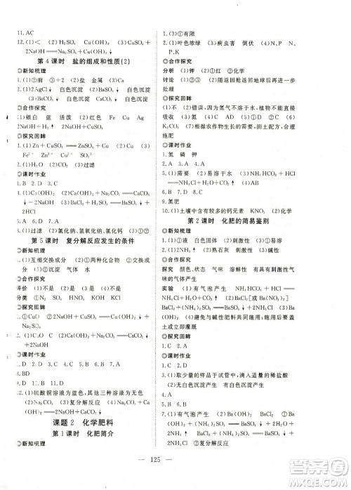 湖北科学技术出版社2021年351高效课堂导学案化学九年级下人教版答案