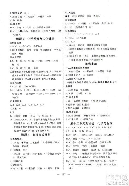 湖北科学技术出版社2021年351高效课堂导学案化学九年级下人教版答案