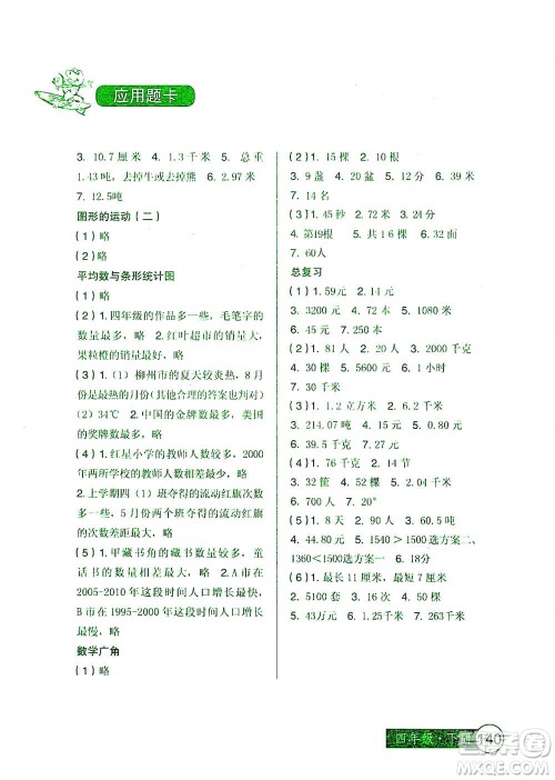 中国少年儿童出版社2021小学生数学应用题卡四年级下册人教版参考答案