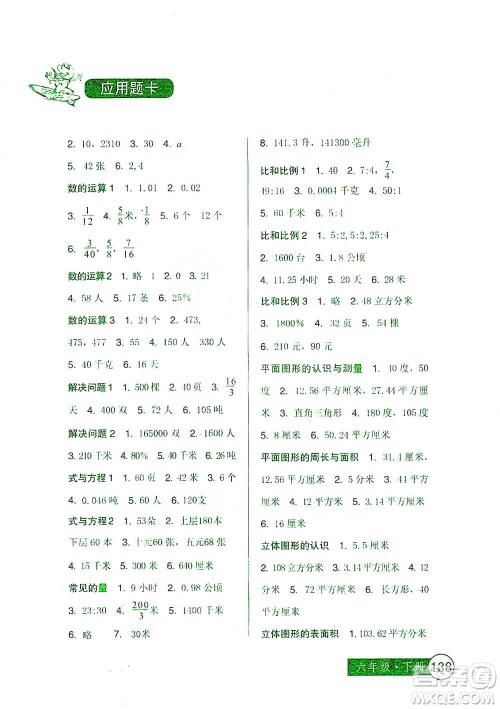 中国少年儿童出版社2021小学生数学应用题卡六年级下册人教版参考答案