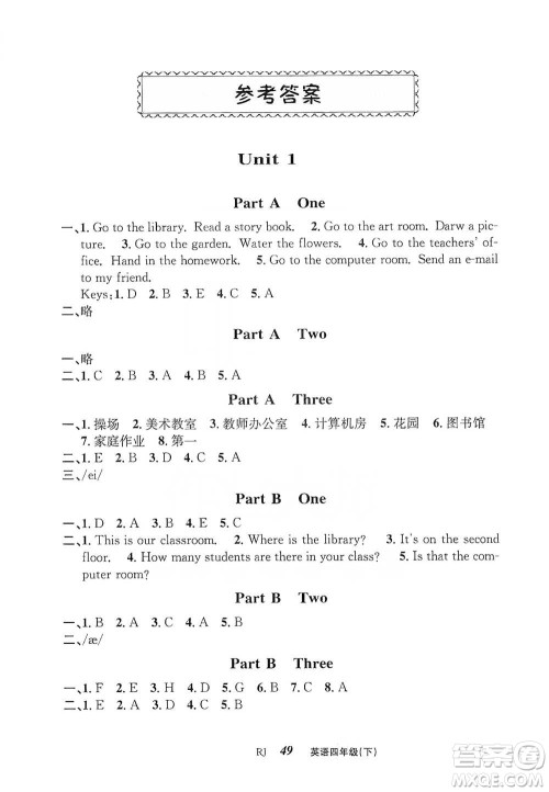 云南科技出版社2021创新成功学习同步导学四年级下册英语人教版参考答案