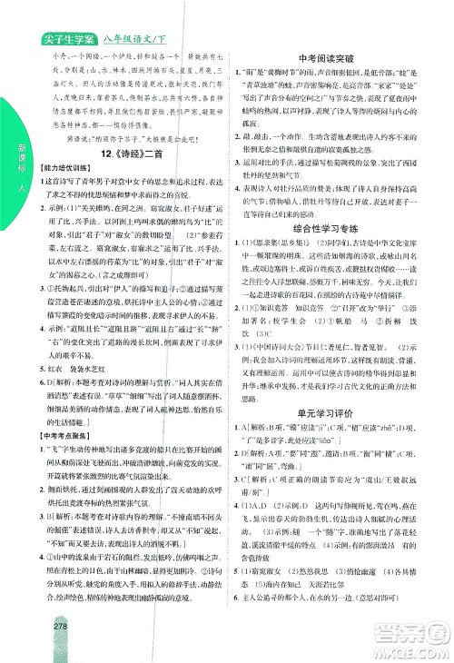 吉林人民出版社2021尖子生学案语文八年级下新课标人教版答案