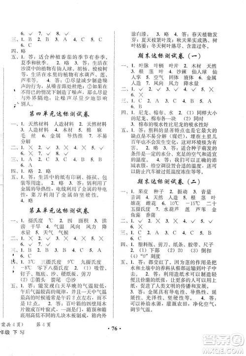 云南科技出版社2021创新成功学习同步导学四年级下册科学苏教版参考答案