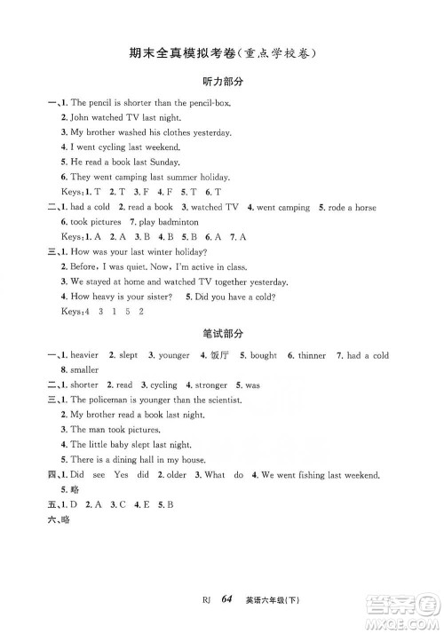 云南科技出版社2021创新成功学习同步导学六年级下册英语人教版参考答案