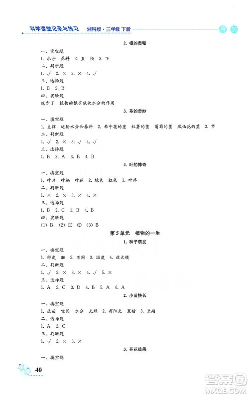 湖南科学技术出版社2021课堂记录与练习三年级下册科学参考答案