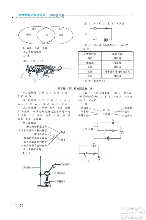 湖南科学技术出版社2021课堂记录与练习四年级下册科学参考答案