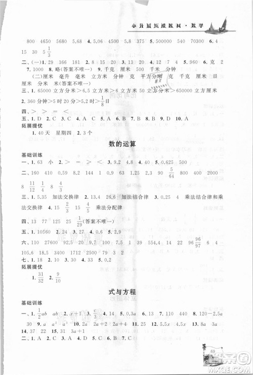 安徽人民出版社2021小学版暑假大串联数学小升初衔接教材答案