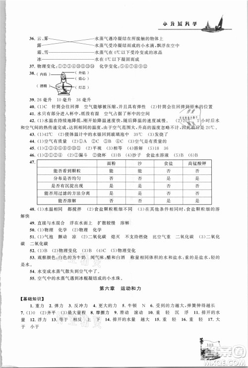 江苏人民出版社2021小学版暑假大串联科学小升初衔接教材教育科学教材适用答案