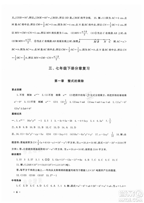 安徽人民出版社2021初中版暑假大串联数学七年级北京师范教材适用答案