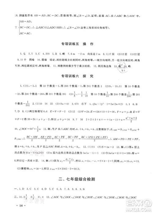 安徽人民出版社2021初中版暑假大串联数学七年级北京师范教材适用答案