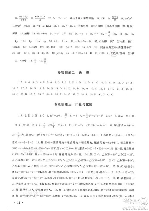 安徽人民出版社2021初中版暑假大串联数学七年级北京师范教材适用答案