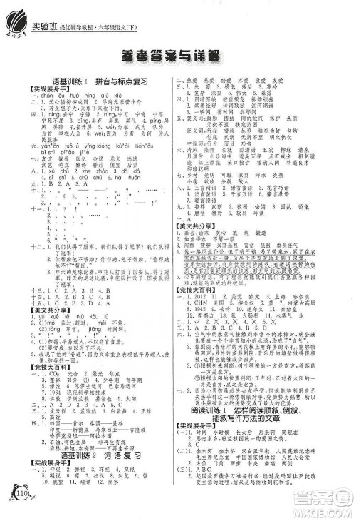 江苏人民出版社2021实验班提优辅导教程六年级下册语文通用版参考答案