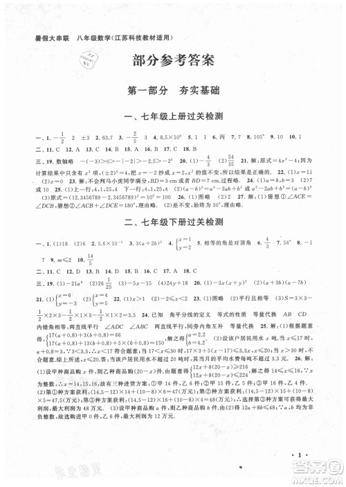 安徽人民出版社2021初中版暑假大串联数学八年级江苏科技教材适用答案