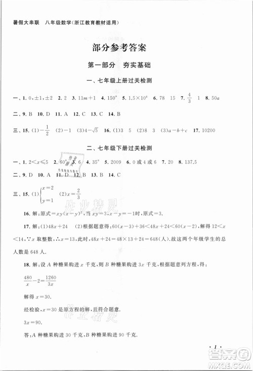 安徽人民出版社2021初中版暑假大串联数学八年级浙江教育教材适用答案
